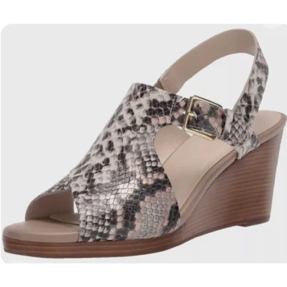 Cole Haan Grand Ambition Wedge Sandals Womens 10 Snakeskin Slingback Beige